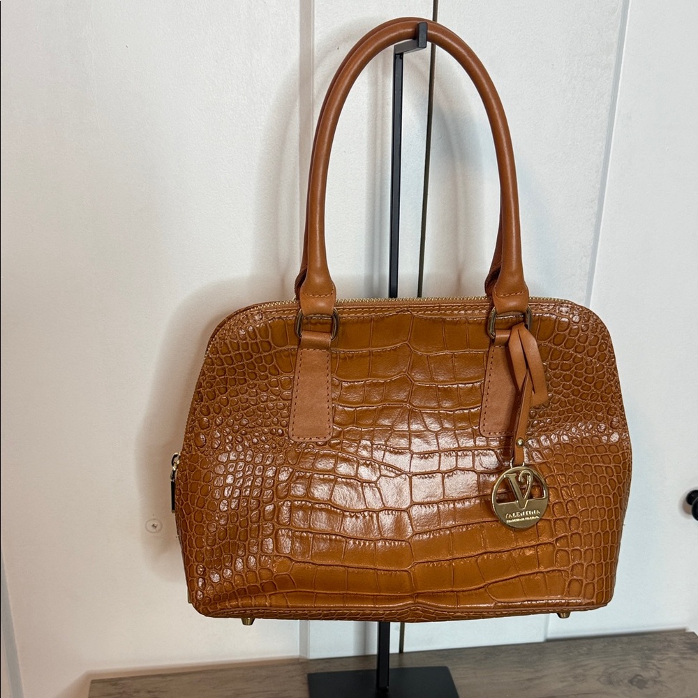 Valentina Brown Cognac Crocodile Embossed leather Satchel arm bag